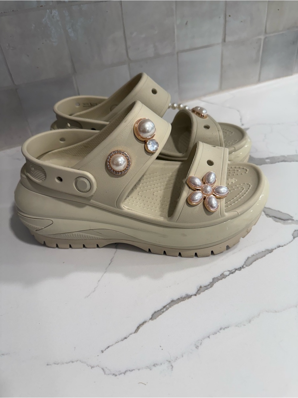 Platform Croc Iconic Sandals with Pearl and rhinestone Jibbitz- Cream
